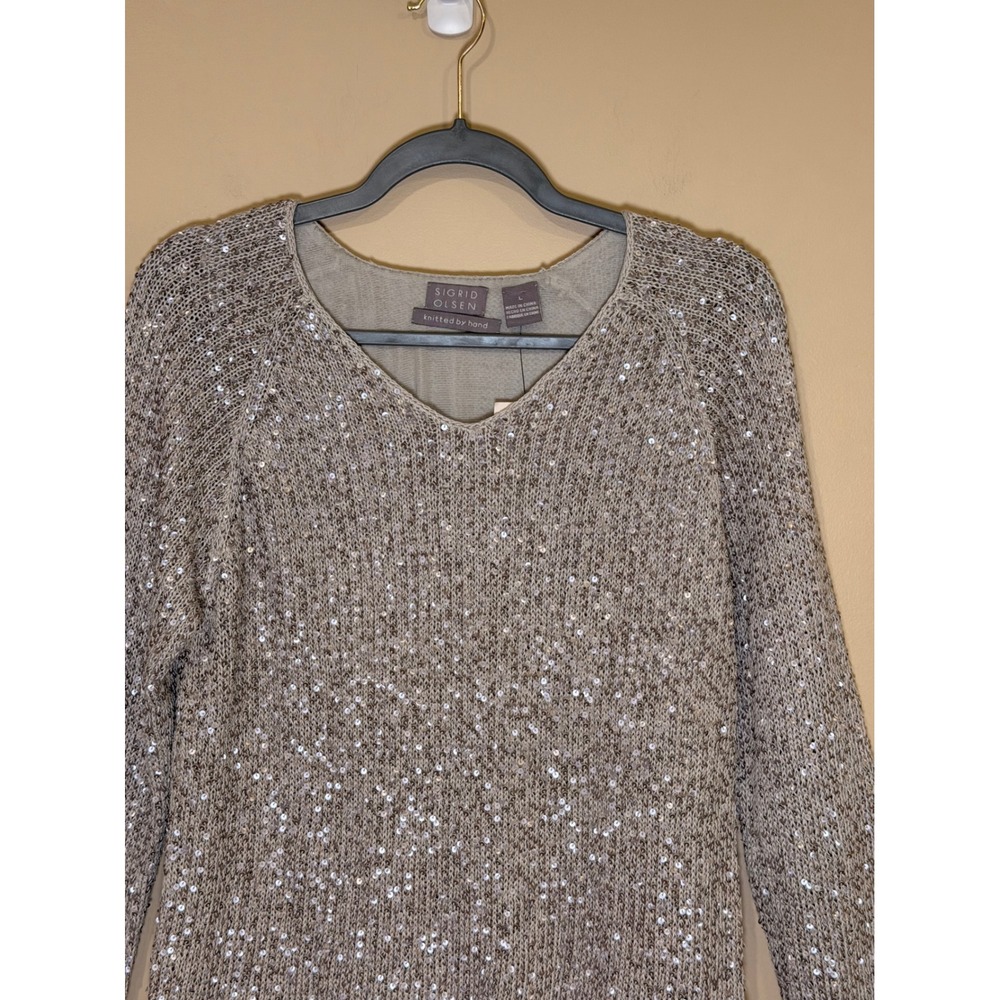 Sigrid Olsen Womens Sequin Linen Blend Sweater Pale Grey Large NWT Hand Knitted - Picture 4 of 9